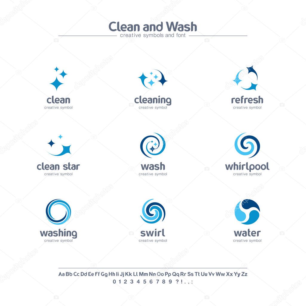 Clean and wash creative symbols set, font concept. Water refresh, laundry service abstract business logo. Swirl, shine, sparkle star icon. Corporate identity alphabet, logotype, company graphic design