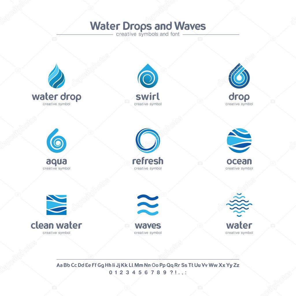 Clean water drops and waves creative symbols set, font concept. Fresh swirl blue color abstract business logo. Ocean, sea, spiral icon. Corporate identity alphabet, logotype, company graphic design