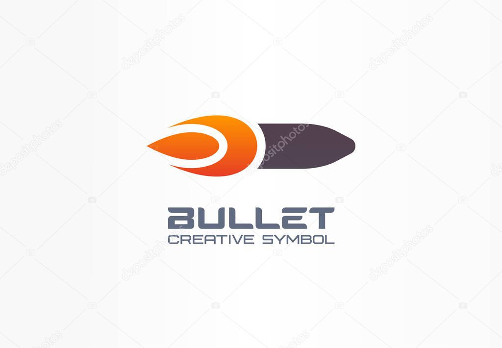 Bullet creative symbol concept. Fire power flame shape in abstract business military logo. Gunshot target, gun flash, speed army flying weapon icon. Corporate identity logotype, company graphic design