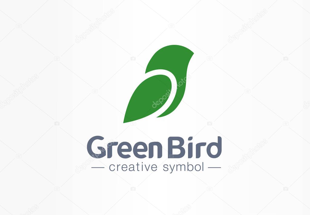 Green bird creative eco symbol concept. Nature freedom sparrow abstract leaf silhouette wing business logo. Art healthcare environment message icon. Corporate identity logotype, company graphic design