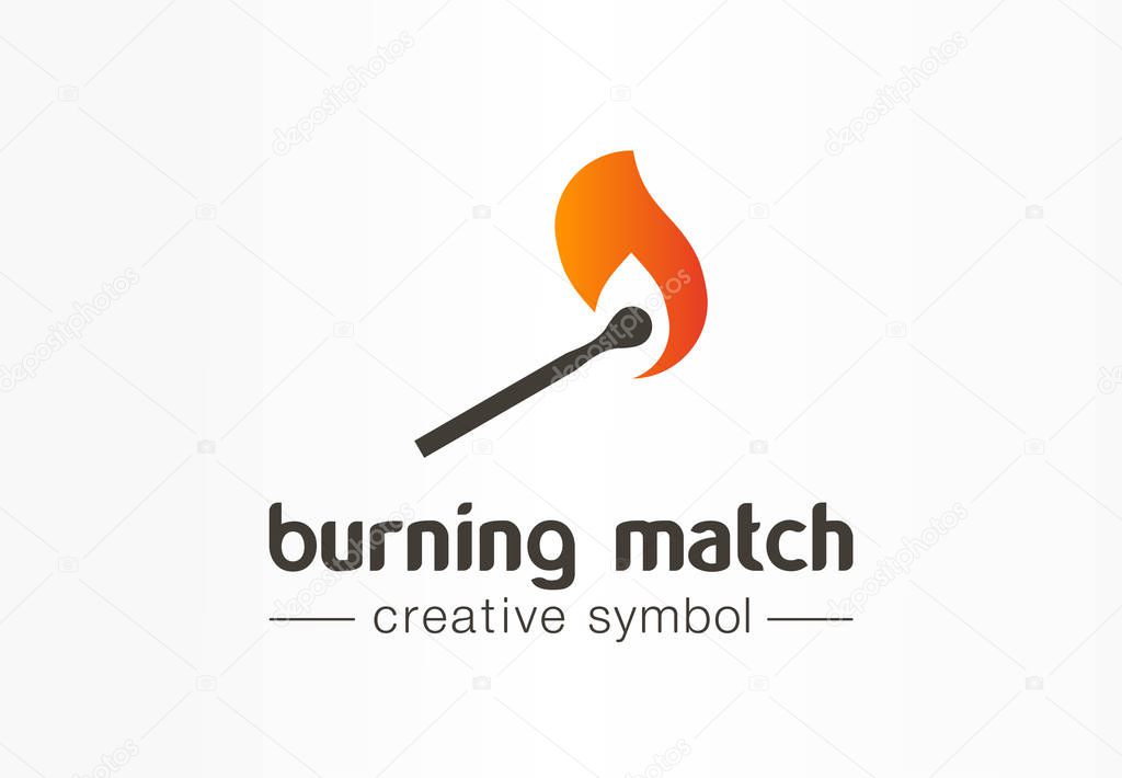 Burning match creative fire symbol concept. Danger power flame torch abstract business logo. Damage energy in flammable matchstick shape flash icon. Corporate identity logotype, company graphic design