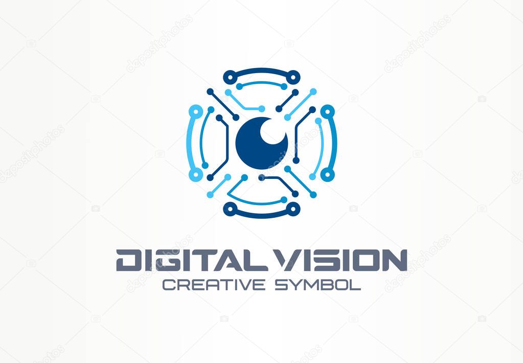 Digital vision creative symbol concept. Circuit robot eye, vr system abstract business logo. Cctv monitor, security scan control, video camera icon. Corporate identity logotype, company graphic design