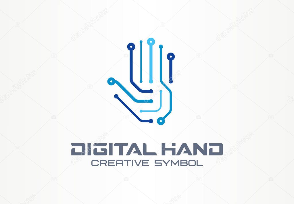 Digital hand creative symbol concept. Robot arm, futuristic technology, cyber security abstract business logo. Circuit tech, communication icon. Corporate identity logotype, company graphic design