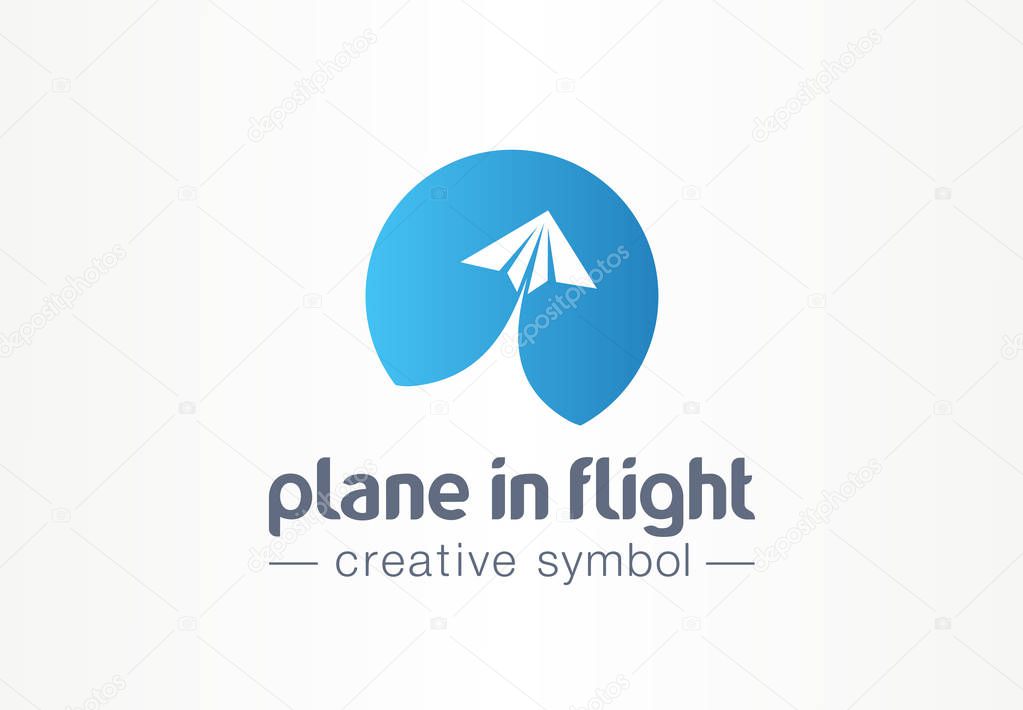 Plane in flight creative symbol concept. Paper air message abstract business travel logo. Send direct email letter, speed lunch airplane trip icon. Corporate identity logotype, company graphic design