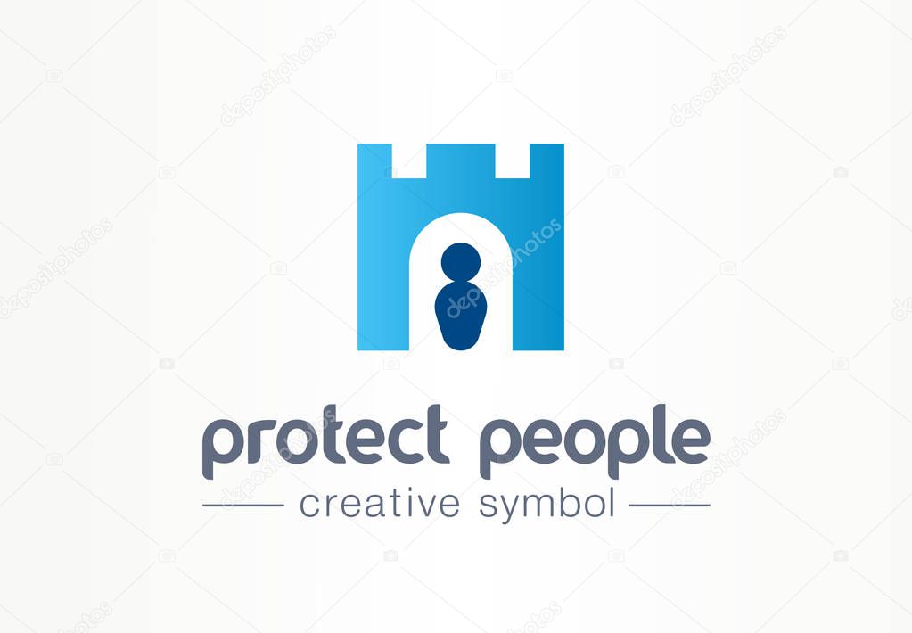Protect people creative symbol concept. Human shield, body guard abstract business fortress logo. Royal tower , castle security, person safety icon. Corporate identity logotype, company graphic design