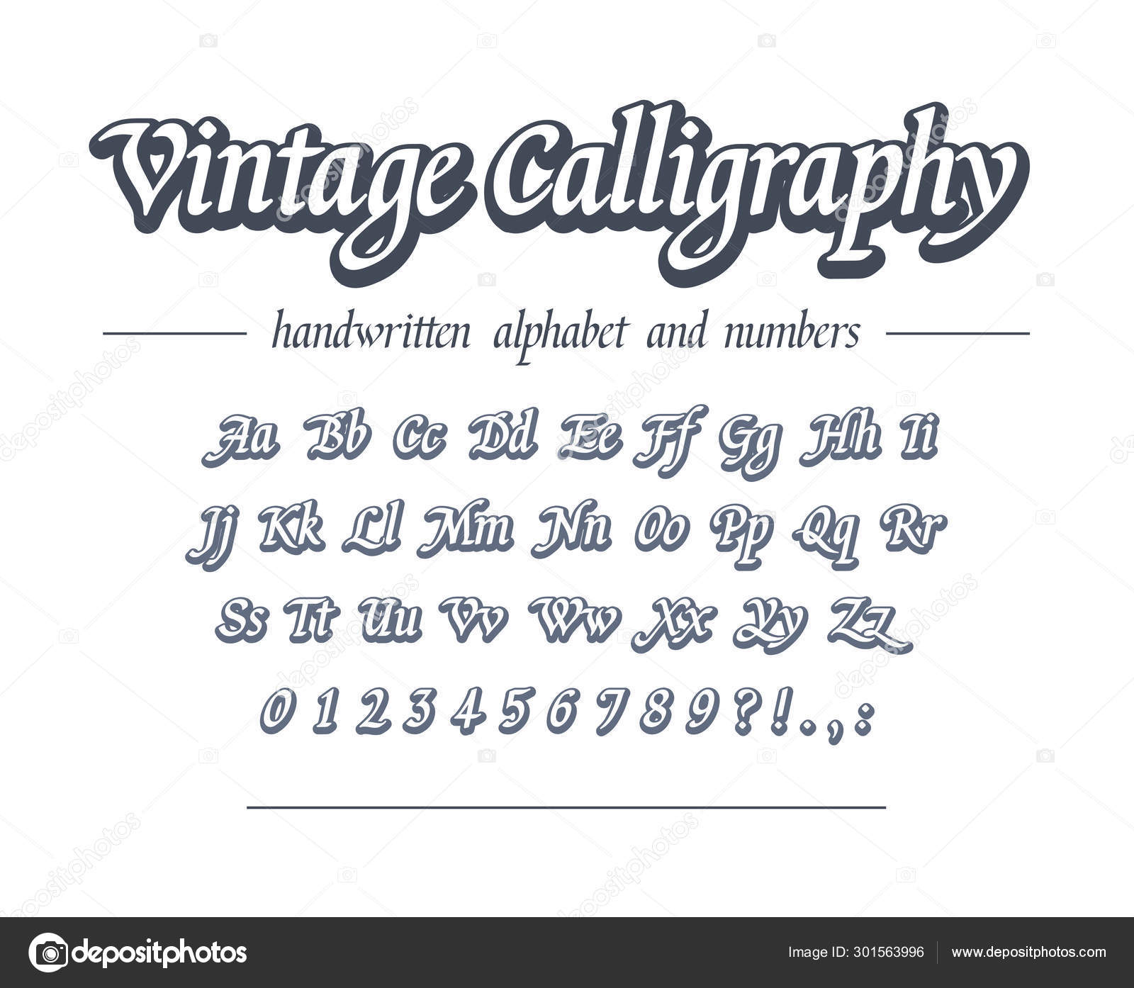 Hand lettering, modern calligraphy alphabet in black on a white paper,  handwritten with a personal font Stock Illustration