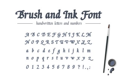 Fırça kalem ve mürekkeple yazılmış elle çizilmiş alfabe. Evrensel el yazısı kalın yazı tipi. Retro tarzı klasik kaligrafi script. Harfler, sayılarla modern vektör yazı tipi