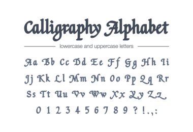 Kaligrafi alfabesi. Evrensel el yazısı kalın yazı tipi. Retro tarzı klasik el çizilmiş komut dosyası. Vintage iş logosu tasarımı. Harfler, sayılarla modern vektör yazı tipi