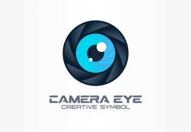 Fotoğraf makinesi göz, dijital vizyon yaratıcı sembol kavramı. Cctv, video izleme soyut iş logosu fikir. Diyafram, deklanşör lens simgesi