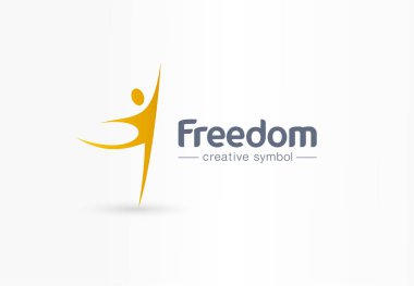 Özgürlük, atlama, dans eden adam yaratıcı sembol konsepti. Mutluluk, başarı, soyut iş logosu fikir kazanmak. Sağlıklı insan, mutlu kişi simgesi
