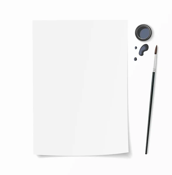 White Paper document whith Brush Pen, Inkwell en inkt druppels op Bureau. Top weergave mockup voorhand getekende ontwerp. — Stockvector