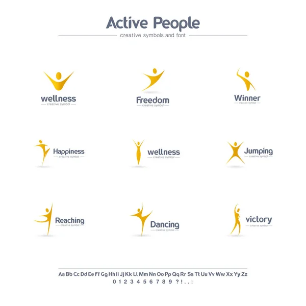 Aktiva människor kreativa symboler uppsättning, font Concept. Vinnare, Happy Human, frihet abstrakt affärs logotyp. Dancing man, Wellness, sport ikon. — Stock vektor