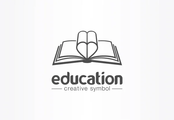 Educación, libro abierto con concepto de símbolo creativo en forma de corazón. Novela, historia de amor, asunto idea abstracta del logotipo del negocio. Aprender, leer icono . — Archivo Imágenes Vectoriales