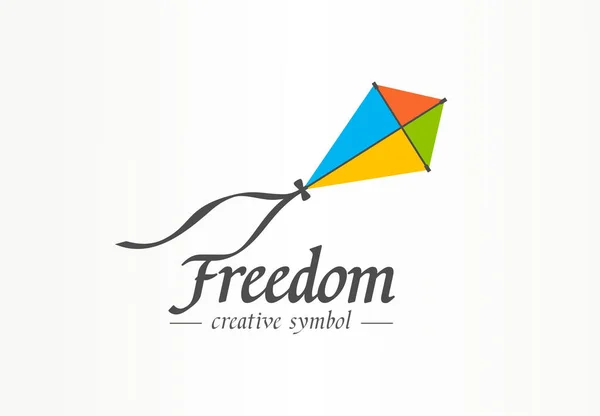 自由创意符号概念。彩色风筝在天空中飞行，进步抽象的商业标志理念。快乐的童年，儿童玩具图标 — 图库矢量图片