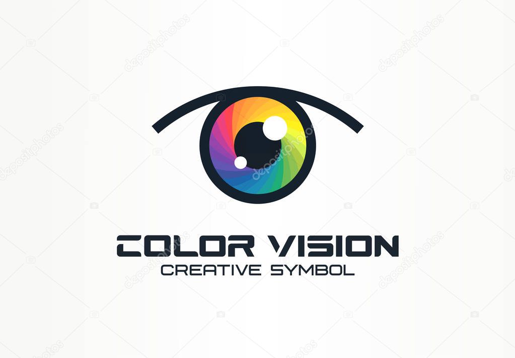 Color vision, camera eye creative symbol concept. Digital technology, security, protect abstract business logo idea. Rainbow spectrum icon. Corporate identity logotype, company graphic design tamplate