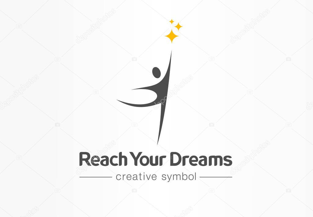 Reach your dreams creative symbol concept. Success, goal, graduate abstract business logo idea. Happy kid, man silhouette and stars icon.