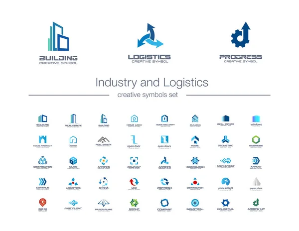 Industrie en logistiek creatieve symbolen set. Bouw, transport, engineering abstract Business logo concept. Gebouw, huis iconen — Stockvector