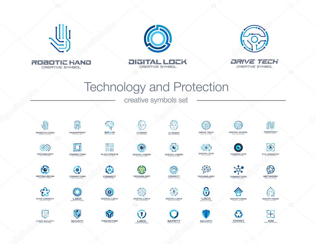 Digital technology and protection creative symbols set. Security lock abstract business logo concept. Camera eye, shield, smart robot hand icons