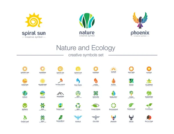 自然と生態学の創造的なシンボルセット。オーガニック製品、緑の葉、環境にやさしい抽象的なビジネスロゴコンセプト。鳥、山、炎のアイコン — ストックベクタ