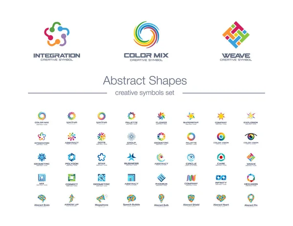 Conexiones abstractas conjunto de símbolos creativos. Tecnología de red global, concepto de logotipo de negocio colorido de medios sociales. Giro, flor, iconos del arco iris — Vector de stock