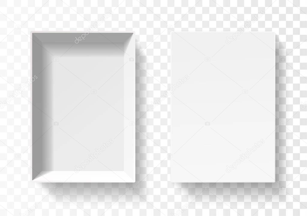 Caja blanca abierta. Plantilla de contenedor de cartón vacío. Vista  superior 3d. Espacio en blanco dentro de la maqueta de pakage. Primer plano  objeto vector realista . Vector de Stock de ©r.Hilch