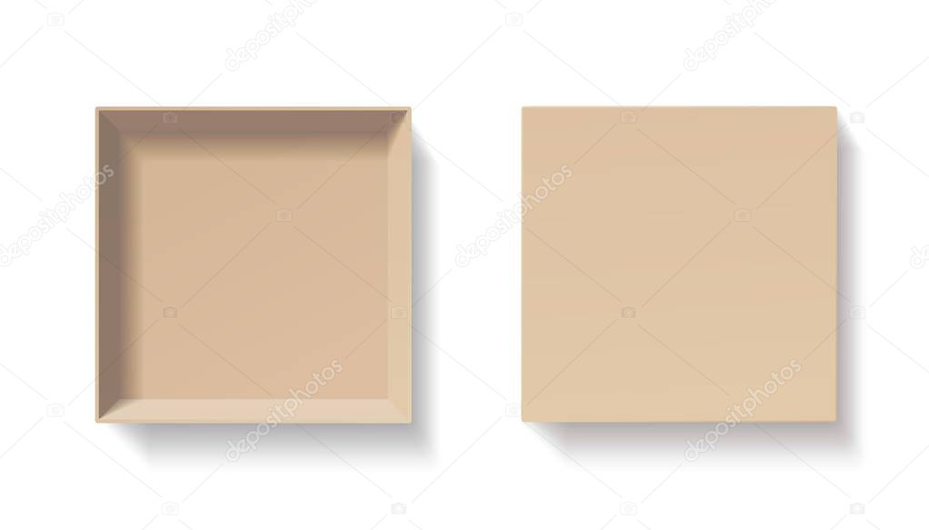 Open craft box. Empty cardboard container template. 3d top view. Blank space inside recycle bio pakage mockup. Closeup realistic vector object.