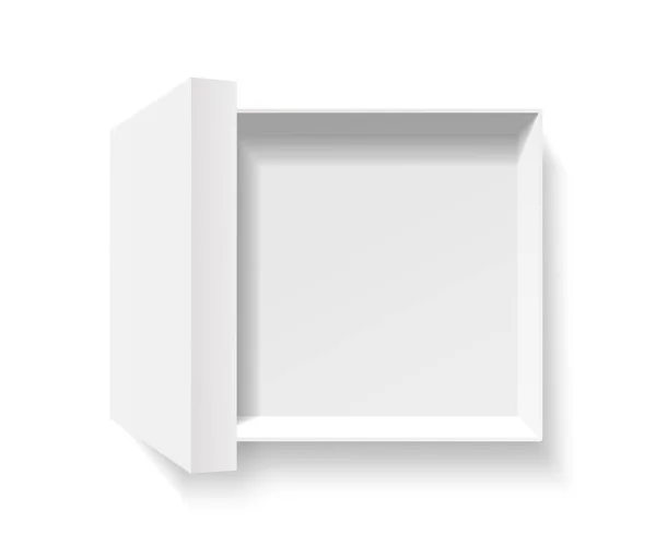 Otevřete bílou krabičku. Prázdná šablona obalu z lepenky. 3D pohled shora. Prázdný prostor uvnitř pakage mokup. Uzavřít realistický vektorový objekt. — Stockový vektor