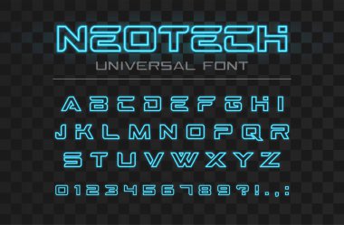 Parlak teknoloji fontu. Hızlı spor, fütüristik, geleceğin teknoloji alfabesi. Yüksek hız, tekno endüstriyel, yüksek teknoloji logo tasarımı için neon harfler ve numaralar