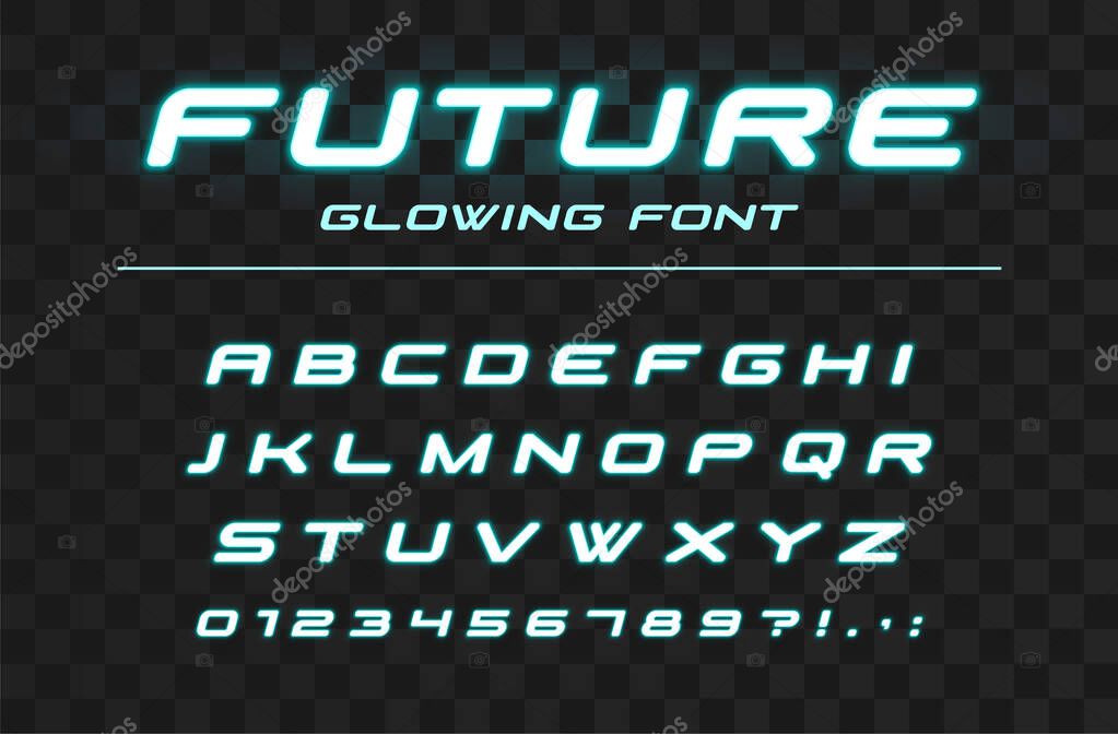 Future glowing font. Fast sport, futuristic, technology alphabet. Neon letters and numbers for high speed, industrial, hi-tech logo design. Modern minimalistic vector abc typeface