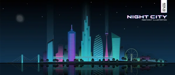 Futuristická neonová ilustrace. Moderní noční panorama města s odraženým světlem na vodě. Městské panorama s mrakodrapy v centru, zářící kancelářské budovy, park. — Stockový vektor