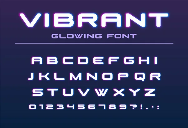 Vibrante fuente de color brillante. Alfabeto futuro, futurista, tecnológico. Letras de neón y números para fiesta de bar, iluminación nocturna de la ciudad, diseño de logotipo de club de alta tecnología — Archivo Imágenes Vectoriales