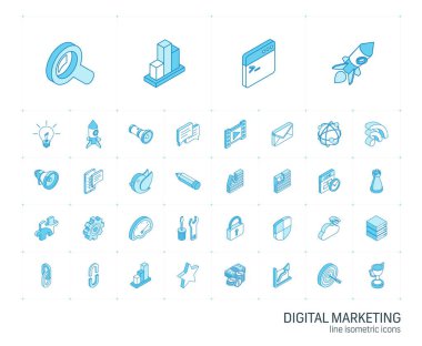 SEO ve dijital piyasa analizi izometrik çizgi simgeleri. 3d vektörü