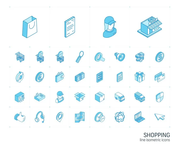 Isometrische Liniensymbole beim Einkaufen. 3D-Vektor-Illustration — Stockvektor