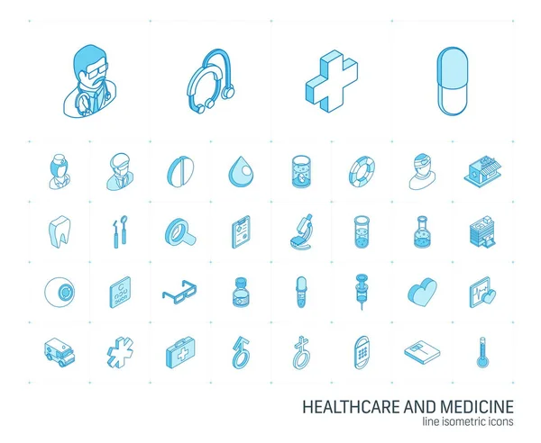 Isometrische Liniensymbole für Medizin und Gesundheitswesen. 3D-Vektor — Stockvektor