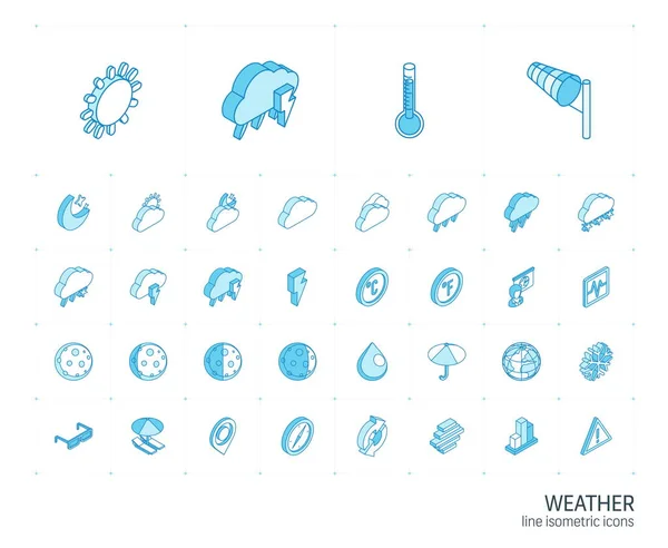 Icone della linea isometrica meteo e meteo. vettore 3d — Vettoriale Stock