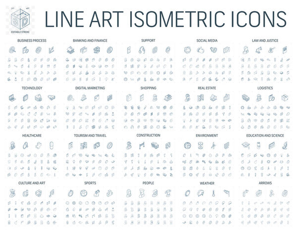 3d Vector. Illustration of isometric line art icons for business, bank, social media, logistics, market, internet technology, shop, education, sport, healthcare