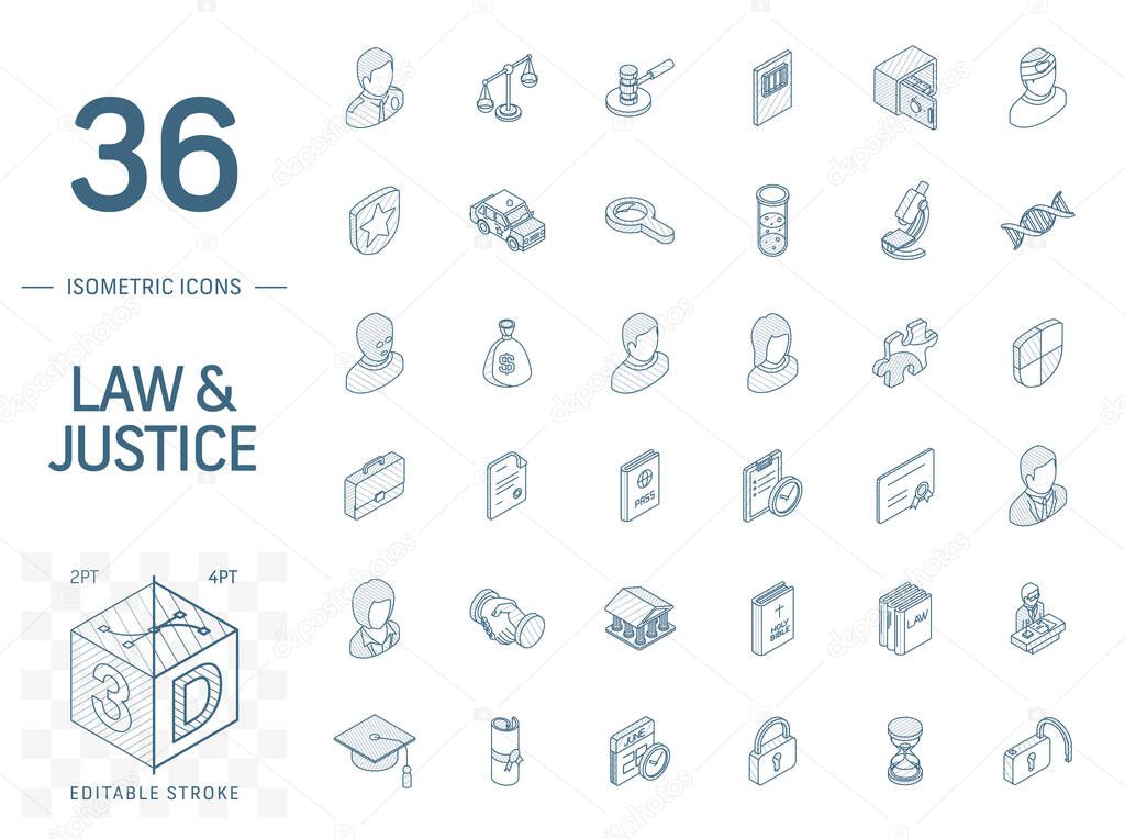 Justice and Law isometric line icons. 3d vector