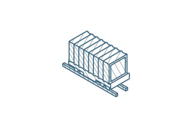 Tren yolu konteynırı, vagon yükü izometrik ikon. 3d vektör illüstrasyonu. İzole edilmiş çizimler, teknik çizimler. Düzenlenebilir vuruş