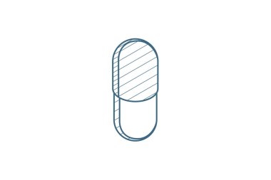 Capsul kırmızı hap izometrik ikonu. 3d vektör illüstrasyonu. İzole edilmiş çizimler, teknik çizimler. Düzenlenebilir vuruş