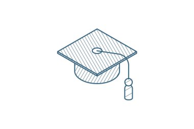 Mezuniyet şapkası izometrik simgesi. 3d vektör illüstrasyonu. İzole edilmiş çizimler, teknik çizimler. Düzenlenebilir vuruş