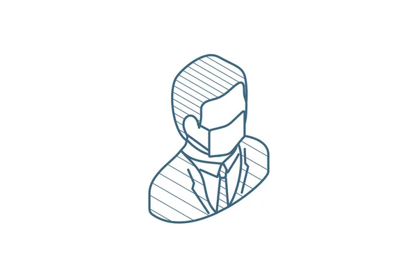 マスク中のビジネスマン コロナウイルス インフルエンザ 発熱防止等のアイソメトリックアイコン 3Dベクトルイラスト 孤立したラインアートの技術的な図面 編集可能なストローク — ストックベクタ