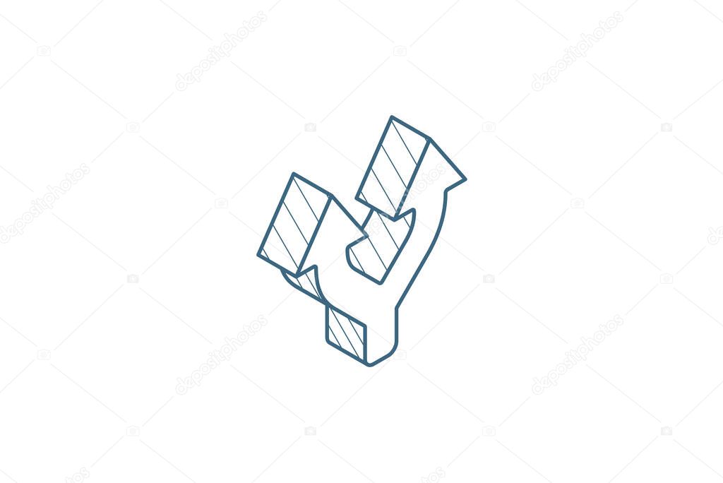 Junction, Separation, Two paths, ways isometric icon. 3d vector illustration. Isolated line art technical drawing. Editable stroke