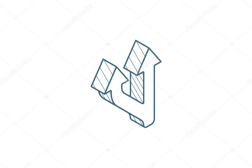 Junction, Separation, two ways isometric icon. 3d line art technical drawing. Editable stroke vector