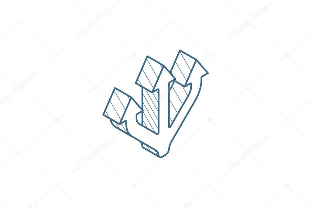 Junction Separation, three way isometric icon. 3d line art technical drawing. Editable stroke vector