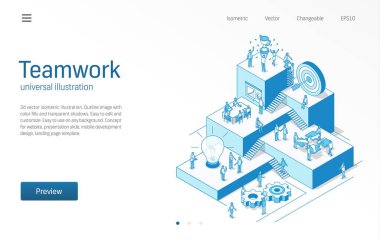 Takım çalışması. İş adamları bürosu işi. Takım başarısı, iletişim modern izometrik çizgi çizimi. Ortaklık, çalışan işbirliği, ödül ikonu. 3d vektörü.