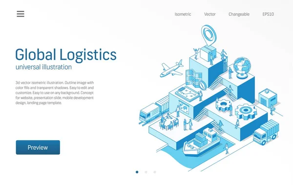 Wereldwijde logistiek. Zakenmensen werken samen. Importeren of exporteren moderne isometrische lijn illustratie. Transport, verzending, levering, distributie icoon. 3d vectorachtergrond. — Stockvector