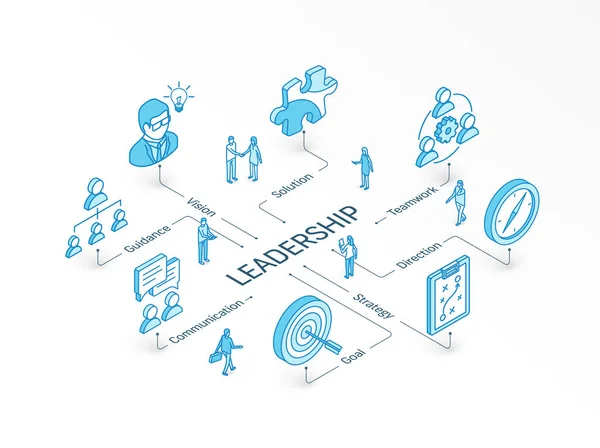 Leadership isometric concept. Connected line 3d icons. Integrated infographic design system. Vision, Goal, Guidance and Strategy symbols — Stock Vector