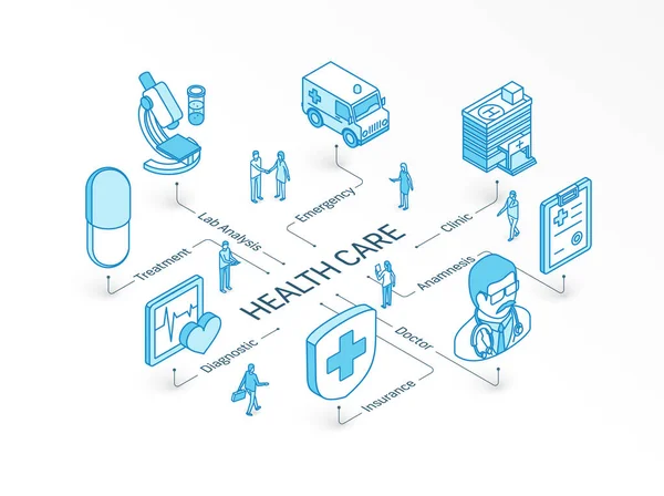 Gesundheitswesen isometrisches Konzept. Connected Line 3D Icons. Integriertes Informationsgrafik-Design-System. Arzt, Anamnese, Diagnostik, Laboranalyse — Stockvektor