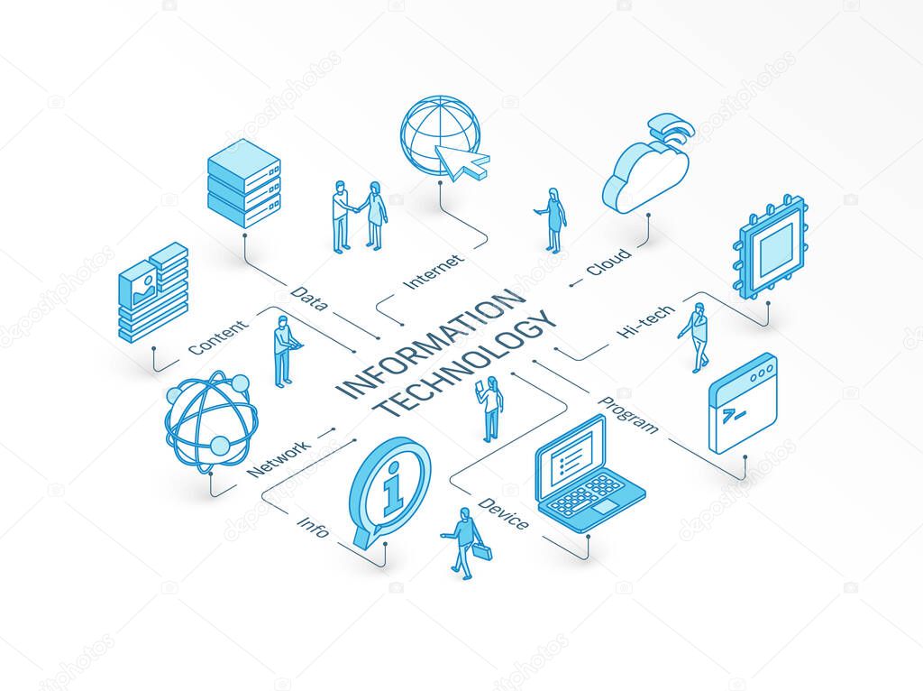 Information Technology isometric concept. Connected line 3d icons. Integrated infographic design system. Device, IT, content cloud symbols