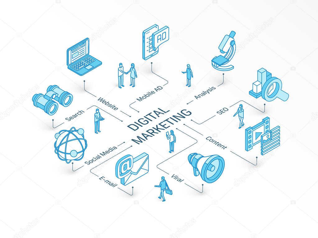 Digital Marketing isometric concept. Connected line 3d icons. Integrated infographic design system. Social Media, viral content, E-mail, website symbol.